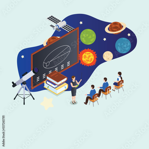 Pupils at astronomy class in planetarium isometric 3d vector illustration concept for banner, website, illustration, landing page, flyer, etc.