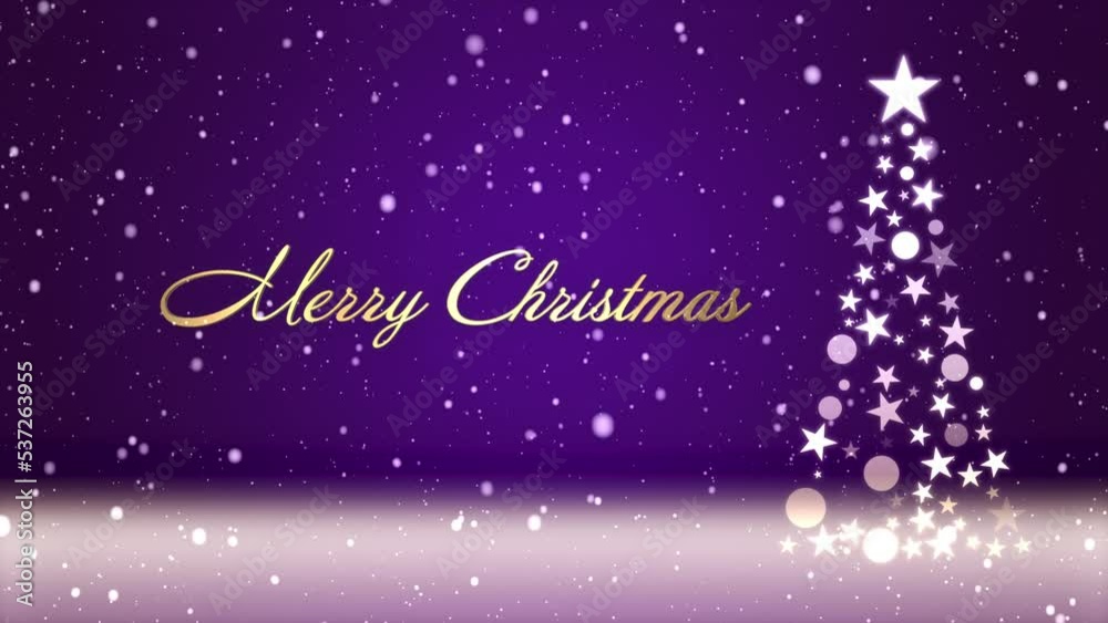 クリスマスツリーと色のついた背景に雪が舞い、クリスマスの文字が浮かび上がる クリスマスツリーと色のついた背景に雪が舞い、クリスマスの文字が浮かび上がる