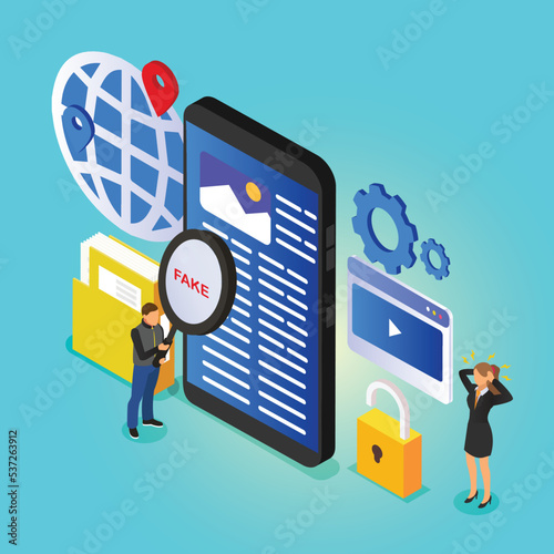 Man magnifying glass scanning and check news on smartphone isometric 3d vector illustration concept for banner, website, illustration, landing page, flyer, etc.
