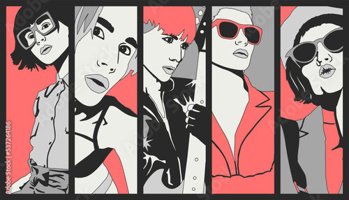 Fashion minimal illustration. Stylish comic collage set. Girl and abstract design art