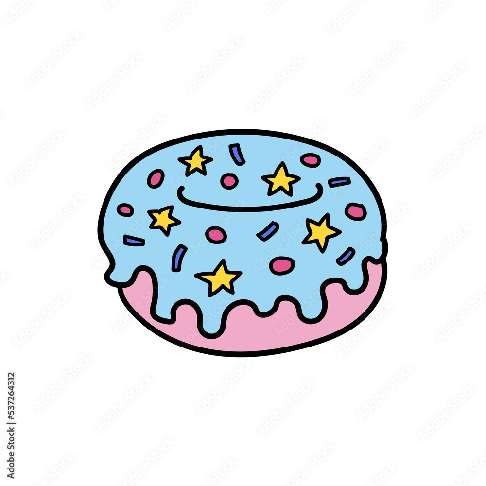 Fototapeta premium Doodle style cartoon pink donut with blue glaze isolated. on white background. Cute bright colorful sweet sugar dessert. Yummy donut hand drawn vector illustration.