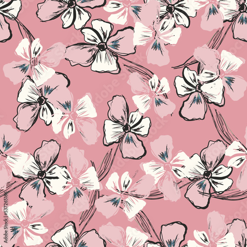 Seamless pattern with flowers. Graphic arts. Sketch. Stylized as watercolor and ink.