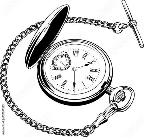 PNG engraved style illustration for posters, decoration and print. Hand drawn sketch of pocket watch in black isolated on white background. Detailed vintage etching style drawing.	
