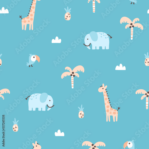 Tropical jungle seamless pattern. Cute wild animals in a simple hand-drawn Scandinavian doodle style. Nursery pastel palette is ideal for printing baby clothes, fabrics. Vector cartoon background.