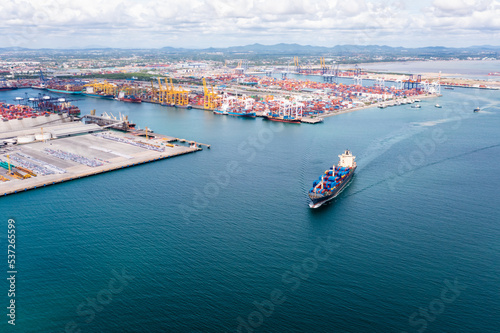 Container ship transporting cargo logistic import export goods internationally around the world, distribution to dealer and customer, business and industry delivery service logistic transportation