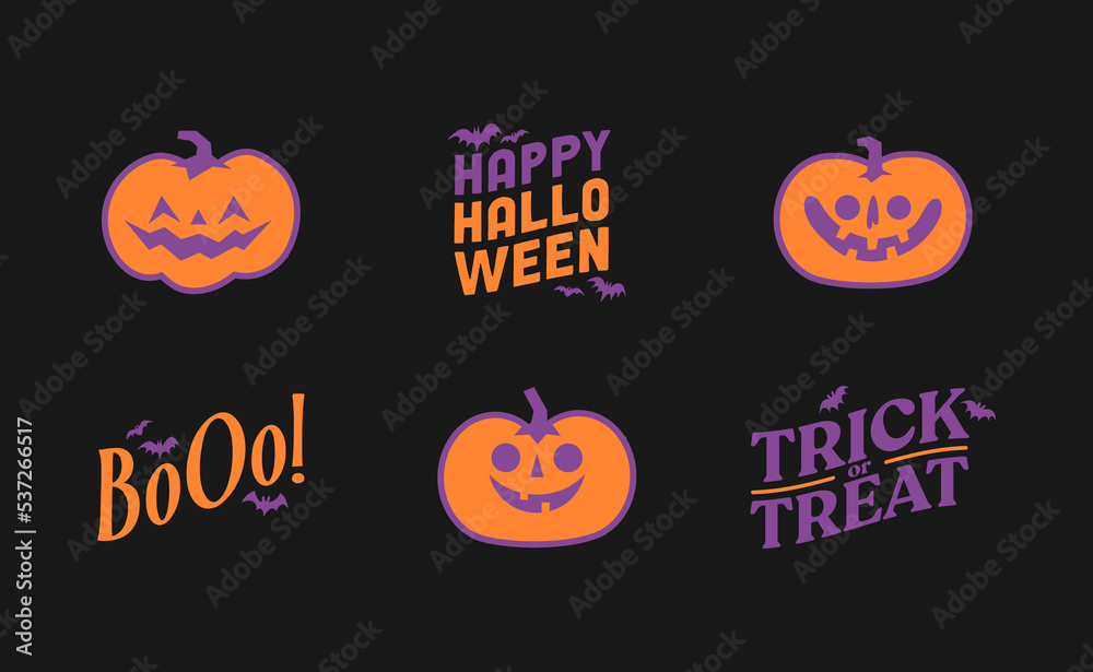 Halloween graphic elements with carved pumpkins and bats. Trick or treat, Boo and spooky designs. Halloween decoration. Halloween graphic elements with carved pumpkins and bats. Trick or treat, Boo and spooky designs. Halloween decoration.