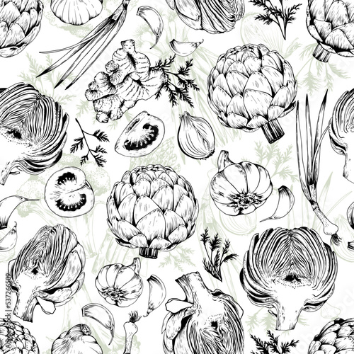 Seamless pattern with fresh artichokes, tomato and garlic. Hand drawn vector illustration on white background.