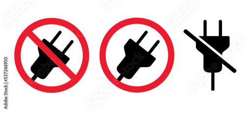 No plug & play symbol. Prohibited warning sign. Cartoon stop no electric plug, voltage. socket, electricity. Power plugs and cable signs. Socket plug adapter. Wire, cable of energy icon. 