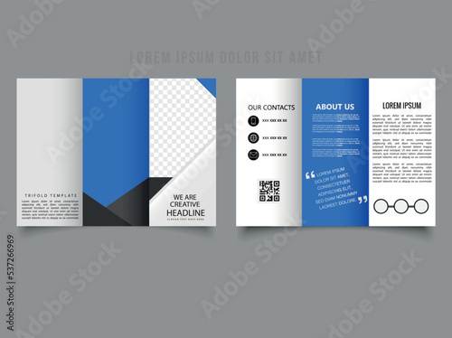 Simple blue tri-fold brochure with line icons in design. Vector empty trifold brochure print template design with blue