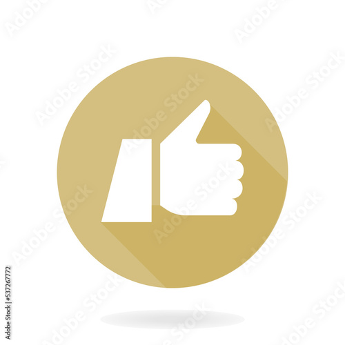 White vector icon with thumb up in the golden circle. Flat design with long shadow