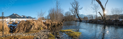 Leitzach riverbed in november, first snow at the fields, bavarian landscape photo