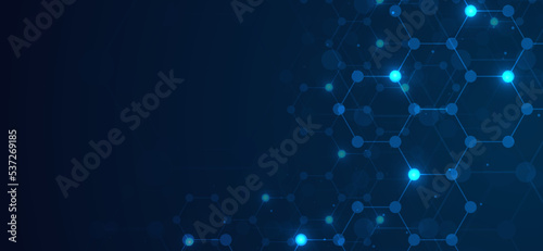 Hexagons pattern blue background. Genetic research, molecular structure. Chemical engineering. Concept of innovation technology. Used for design healthcare, science and medicine background photo