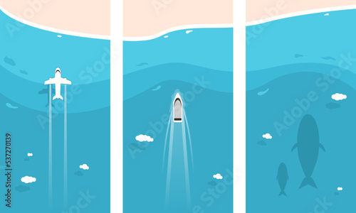 Set ocean blue sea sand beach clouds white airplane flying with speed boat travel floating water transport route path way and shadow fish whale underwater in summer season top view flat vector design.