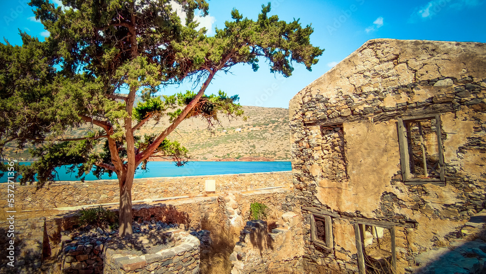 Abandoned yard. Beautiful view of an abandoned yard with a stone house and an old tree on the Greek island. The ruins of the Greek island. Abandoned yard. Beautiful view of an abandoned yard with a stone house and an old tree on the Greek island. The ruins of the Greek island.