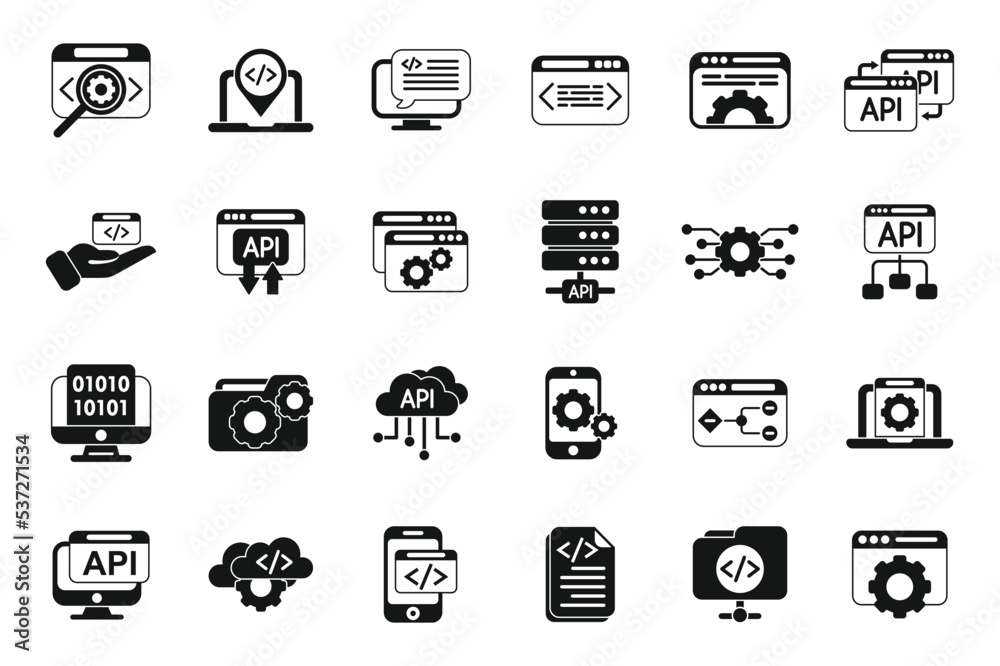 API icons set simple vector. Code develop. Computer software