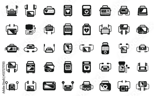 Defibrillator icons set simple vector. Aid ambulance. Automated electric
