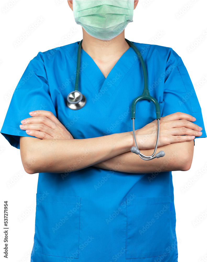 Surgeon doctors or nurses wear blue scrubs uniforms and green face mask. Physician stand with arms crossed and hand holding stethoscope isolated on transparent background. Healthcare professional. Surgeon doctors or nurses wear blue scrubs uniforms and green face mask. Physician stand with arms crossed and hand holding stethoscope isolated on transparent background. Healthcare professional.