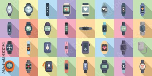 Wearable tracker icons set flat vector. Fitness bracelet. Wristband digital