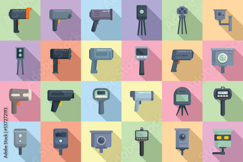Speed radar icons set flat vector. Alert camera. Digital device