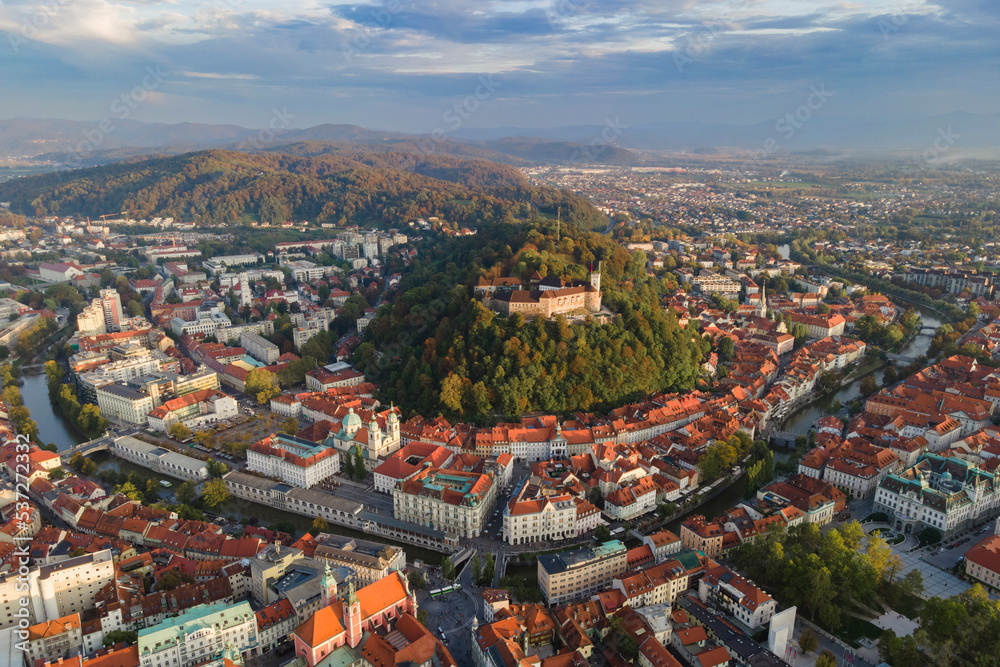 Obraz na płótnie Aerial view of Ljubljana, capital of Slovenia from drone w salonie
