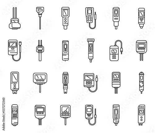 Ph meter icons set outline vector. Chemical acid. Biology meter