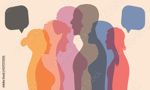 Multi-ethnic people talking in profile with communication text. Speech bubble. Social network communication. Community and speaking. Multi- ethnic people talking in profile.
