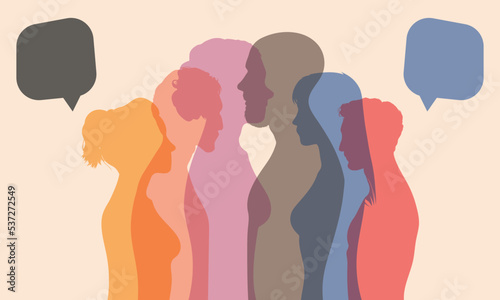 Talking dialogue among multicultural and multiethnic people. Vector character talking dialogue. Diversity people inform each other.