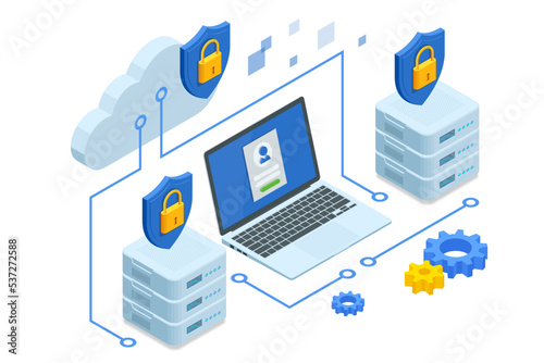 Isometric Modern Cloud Technology and Networking, Big Data Flow Processing Concept. Cloud Service, Cloud Storage Web Cloud Technology Business. photo
