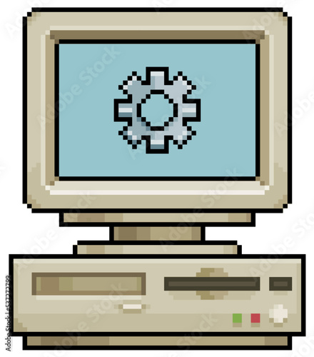 Pixel art old computer with gear icon vector icon for 8bit game on white background