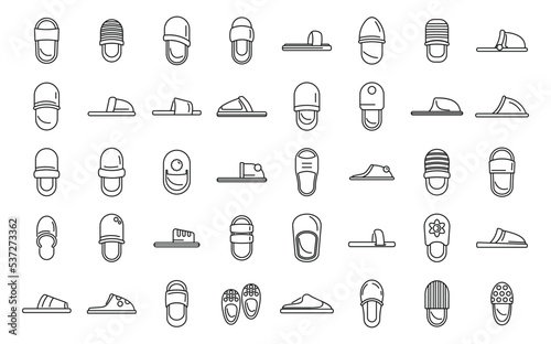 Home slippers icons set outline vector. Boot accessory. Clothing comfort
