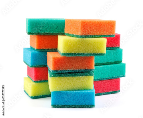 Several multi-colored sponges isolated on a white background. Sponge for washing dishes .