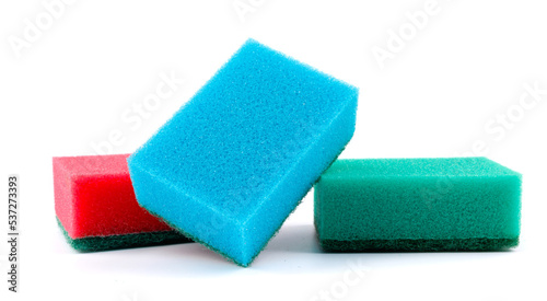 Several multi-colored sponges isolated on a white background. Sponge for washing dishes .