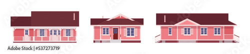 Pink exterior dream home cartoon set. Small budget beautiful, functional, comfortable building, successful investment for renting, buying, classical commercial design. Vector flat style illustration