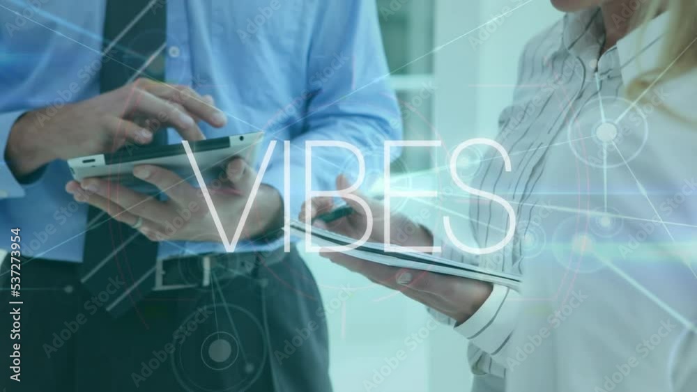 Animation of network of connections and vibes text over diverse business people Animation of network of connections and vibes text over diverse business people