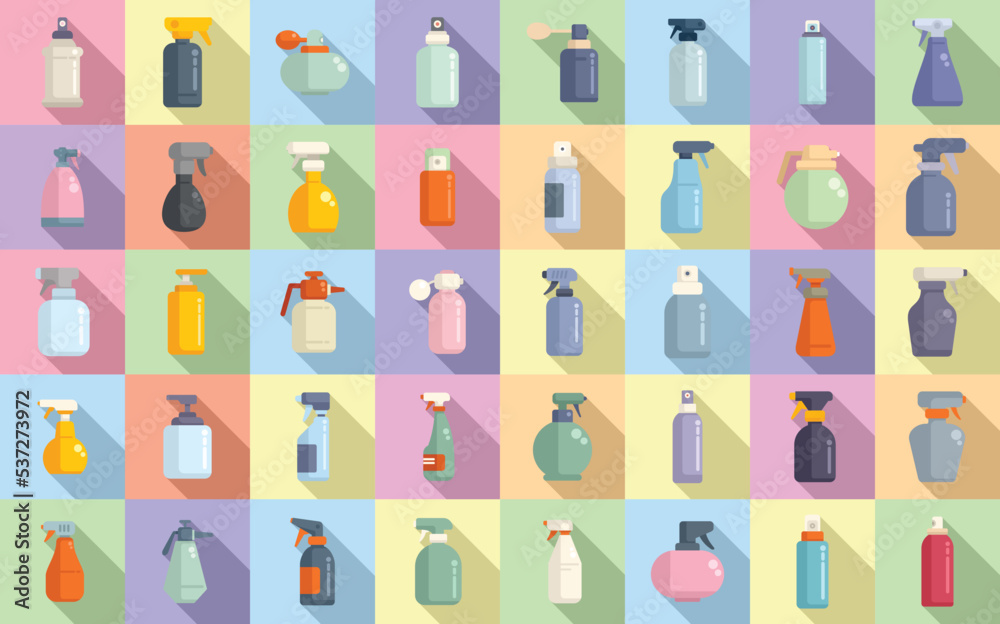 Spray bottle icons set flat vector. Sprayer cleaner. Mist air Spray bottle icons set flat vector. Sprayer cleaner. Mist air