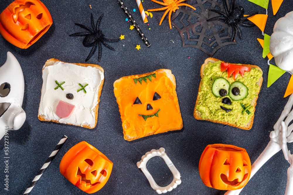 Kids food, party or breakfast Halloween idea. Simple healthy sandwiches