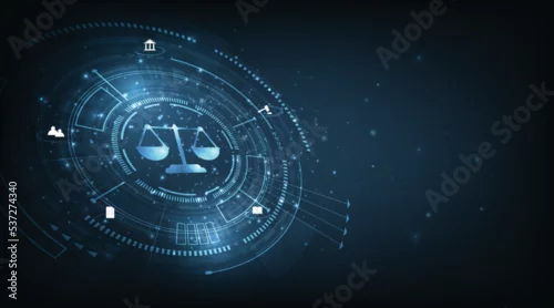 Obraz Internet law on Dark Blue blurred background.Cyber Law as digital legal services Labor law, Lawyer.