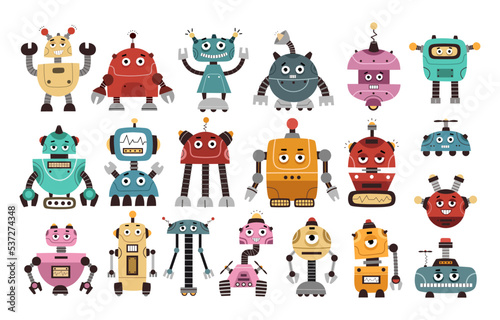 Cute robots set. Colorful vector illustration, hand drawing. flat style, colorful vector for kids. baby design for cards, poster decoration, t-shirt print