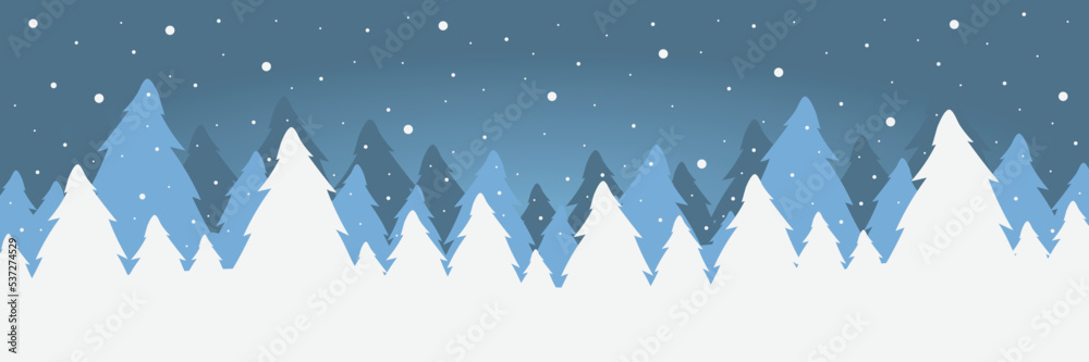 Winter and snow banner vector illustration. Abstract flat minimalist design landscape. Winter cold snowy season.
