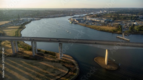 Fotografie Low-angle view of a beautiful bridge above River Orwell in Suffolk, England