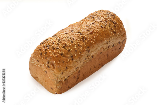 Bread. loaf of freshly baked bread. Artisan bread with seeds on a white background. Rustic sourdough bread.