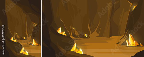 Cave with orange crystals. Underground location in different formats.