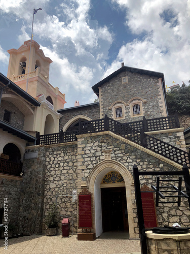 The yard of Famous Cyprus landmark Kykkos Monastery in Troodos, Paphos District, Cyprus. The Holy, Royal and Stavropegic Monastery of Kykkos. 	Orthodox monasticism. Church of Cyprus. Byzantine style photo