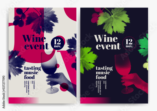 Collage hand holding wine glass, vine leaves and grapes with retro style, halftone effect. Template for event poster, magazine or promotion. Vector