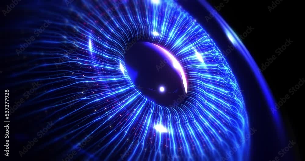 Optical fibers forming 3d blue human eye. Artificial intelligence concept. Futuristic technology concept 3d 4k animation.