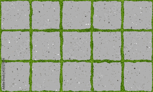 Seamless texture of old pavement with moss and concrete square bricks. Vector pathway pattern top view. Outdoor slab sidewalk. Cobblestone footpath or patio. Concrete block floor
