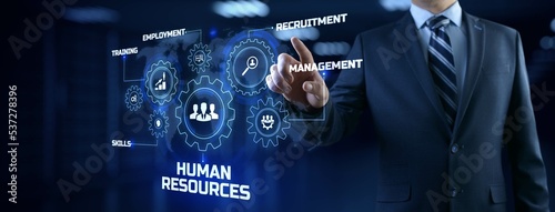 HR Human resources management Recruitment Headhunting. Businessman pressing button on screen.