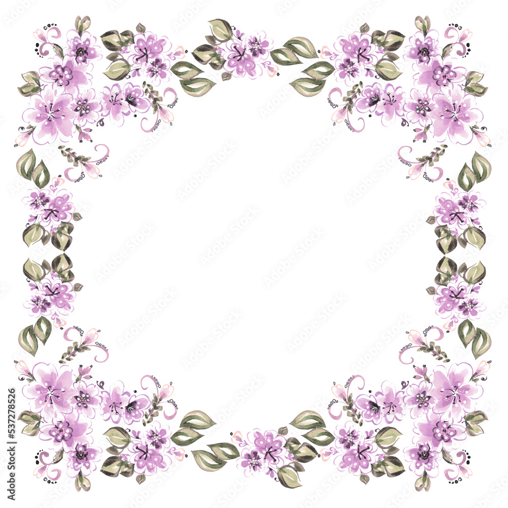 Frame from watercolor flowers isolated on white background. Handmade illustration.