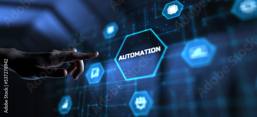 Automation RPA Workflow business industrial process optimisation. Innovation technology concept. Hand pressing button.