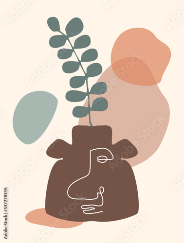 funky face vase with eucalyptus branch decoration print, abstract modern minimalist art graphic, vector illustration